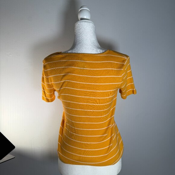Arizona Jeans Co Womens Size M Yellow Striped Stretchy Shirt Short Sleeve V Neck - Picture 2 of 7